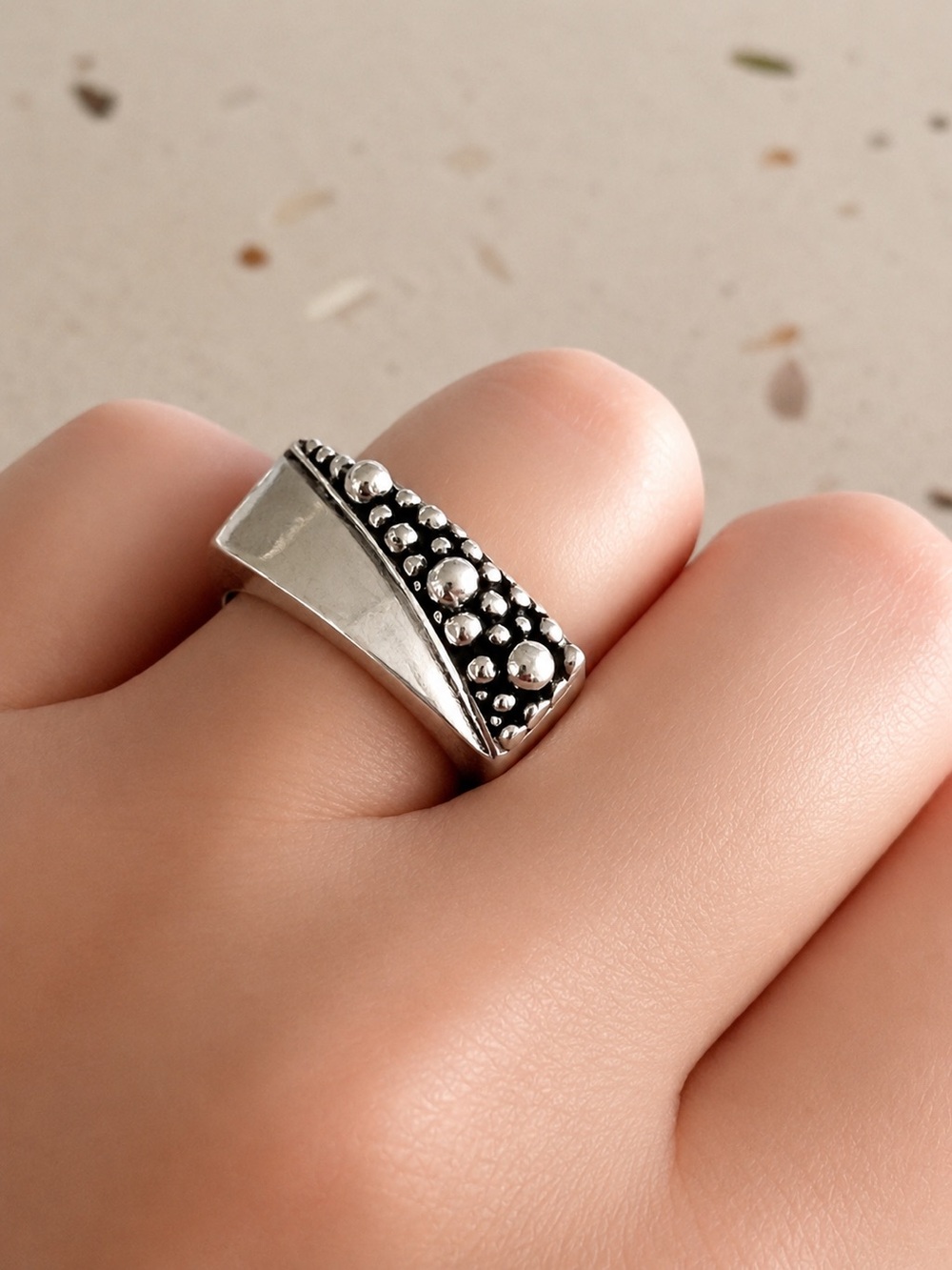 Artisan 925 Sterling Silver Beaded Accent Bar Statement Ring - Modern Band-Sz 8